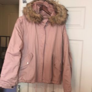 Pale nude pink jacket with fur hood